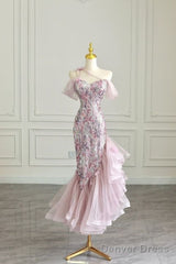 High Low Off The Shoulder Tulle Pink Tiered Prom Dresses Evening Dress