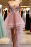 High Low Pink Lace Prom Dresses, Pink High Low Formal Graduation Homecoming Dresses