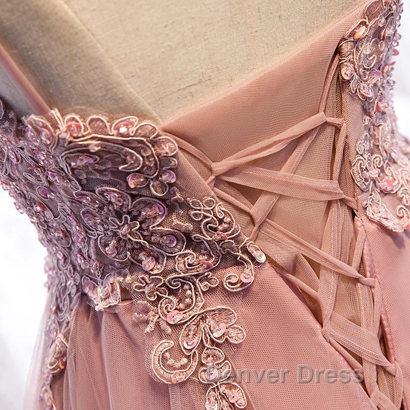 High Low Pink Lace Prom Dresses, Pink High Low Formal Graduation Homecoming Dresses