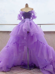 High Low Puffy Sleeves Tulle Purple Prom Dress