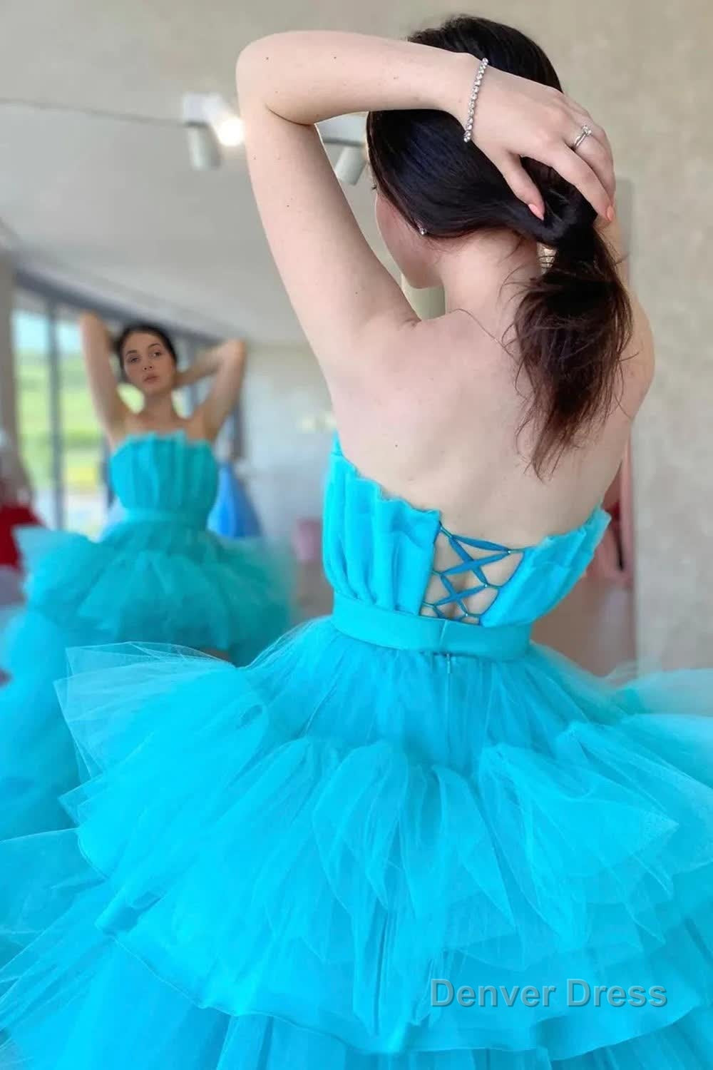 High Low Strapless Sky Blue Long Prom Dresses with Criss Cross Back Secondary image