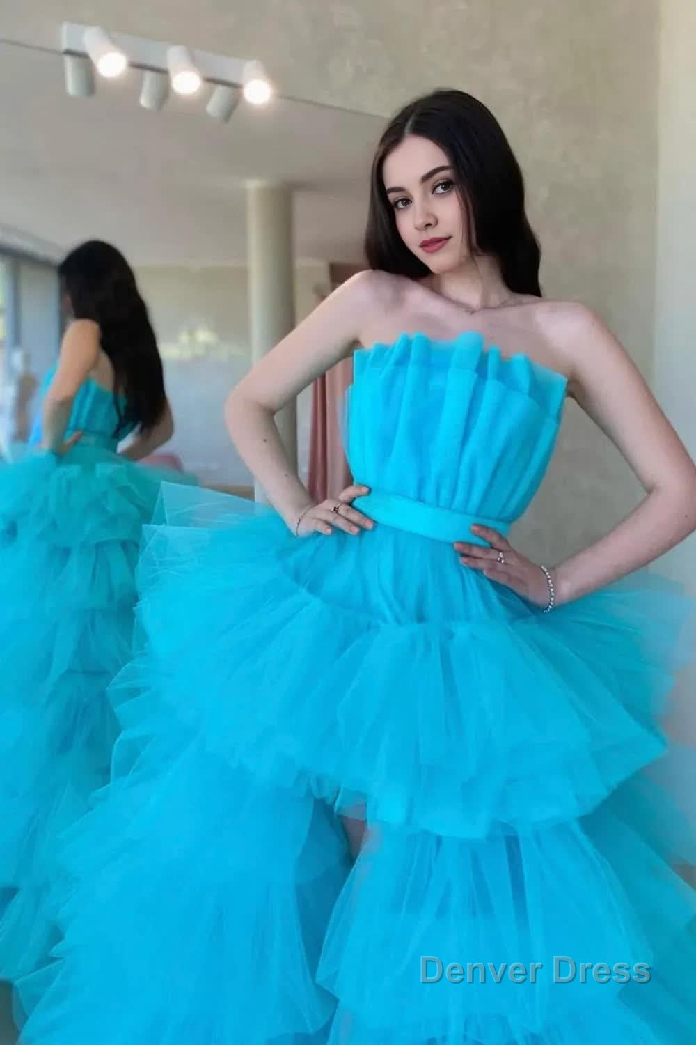 High Low Strapless Sky Blue Long Prom Dresses with Criss Cross Back