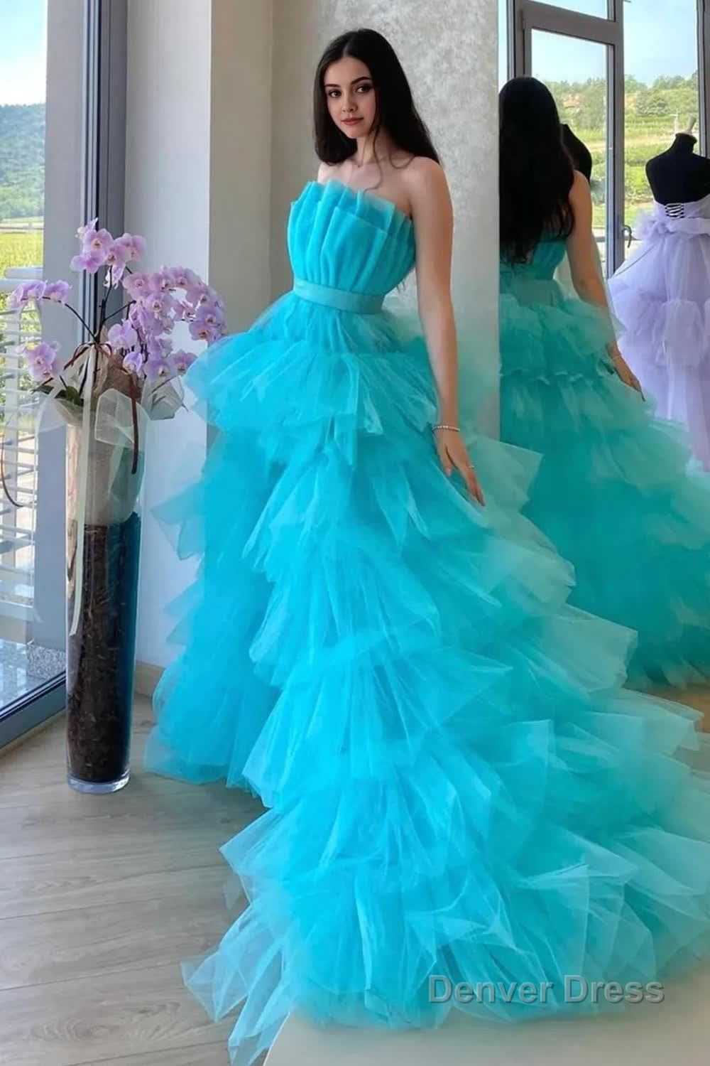 High Low Strapless Sky Blue Long Prom Dresses with Criss Cross Back