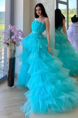 high low strapless sky blue long prom dress with criss cross back