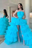 High Low Strapless Sky Blue Long Prom Dresses with Criss Cross Back
