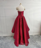 High Low Sweetheart Neck Strapless Backless Satin Red Prom Dress, Red Graduation Dress, Red Backless Prom Dresses