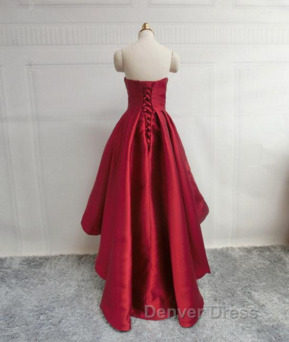 High Low Sweetheart Neck Strapless Backless Satin Red Prom Dress, Red Graduation Dress, Red Backless Prom Dresses