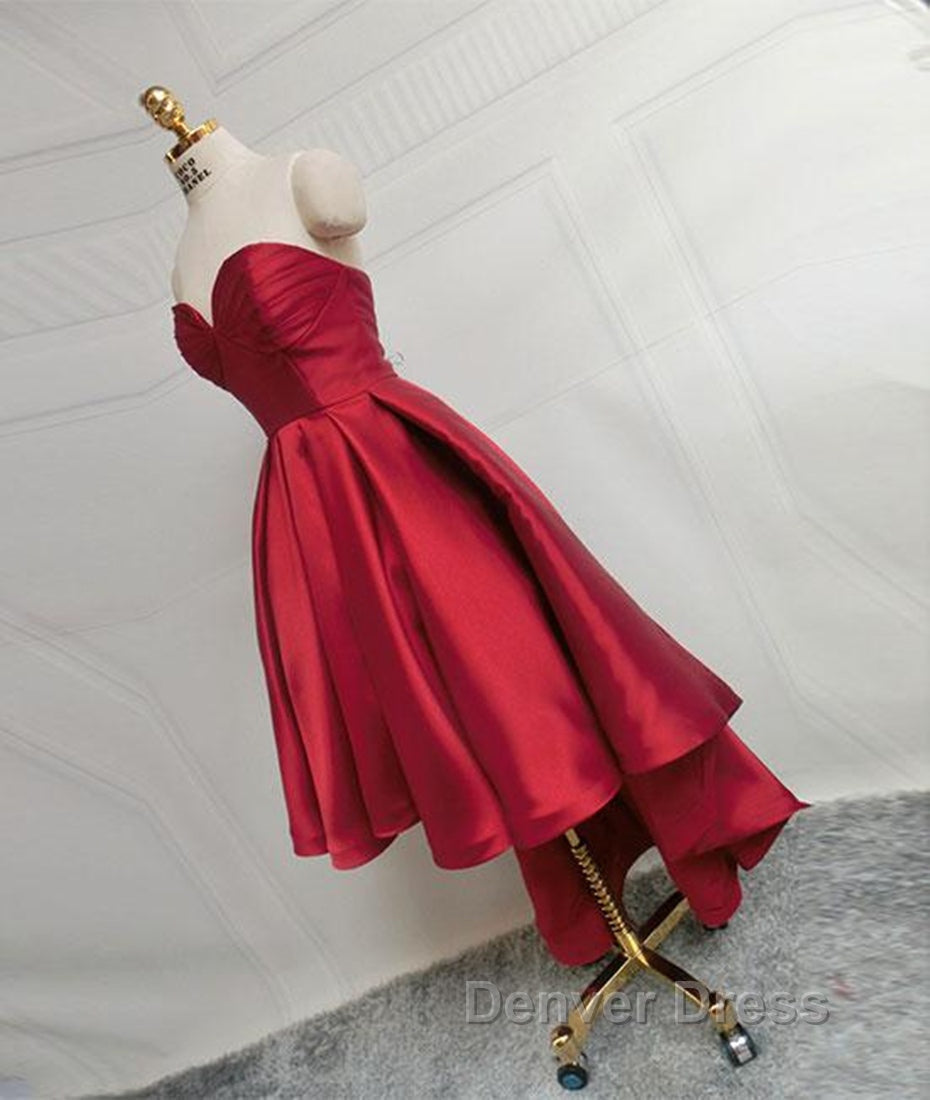 High Low Sweetheart Neck Strapless Backless Satin Red Prom Dress, Red Graduation Dress, Red Backless Prom Dresses