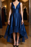 High Low V Neck Blue Satin Prom Dress, Open Back Blue Prom Dress, Blue Prom Dresses