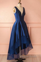 High Low V Neck Blue Satin Prom Dress, Open Back Blue Prom Dress, Blue Prom Dresses