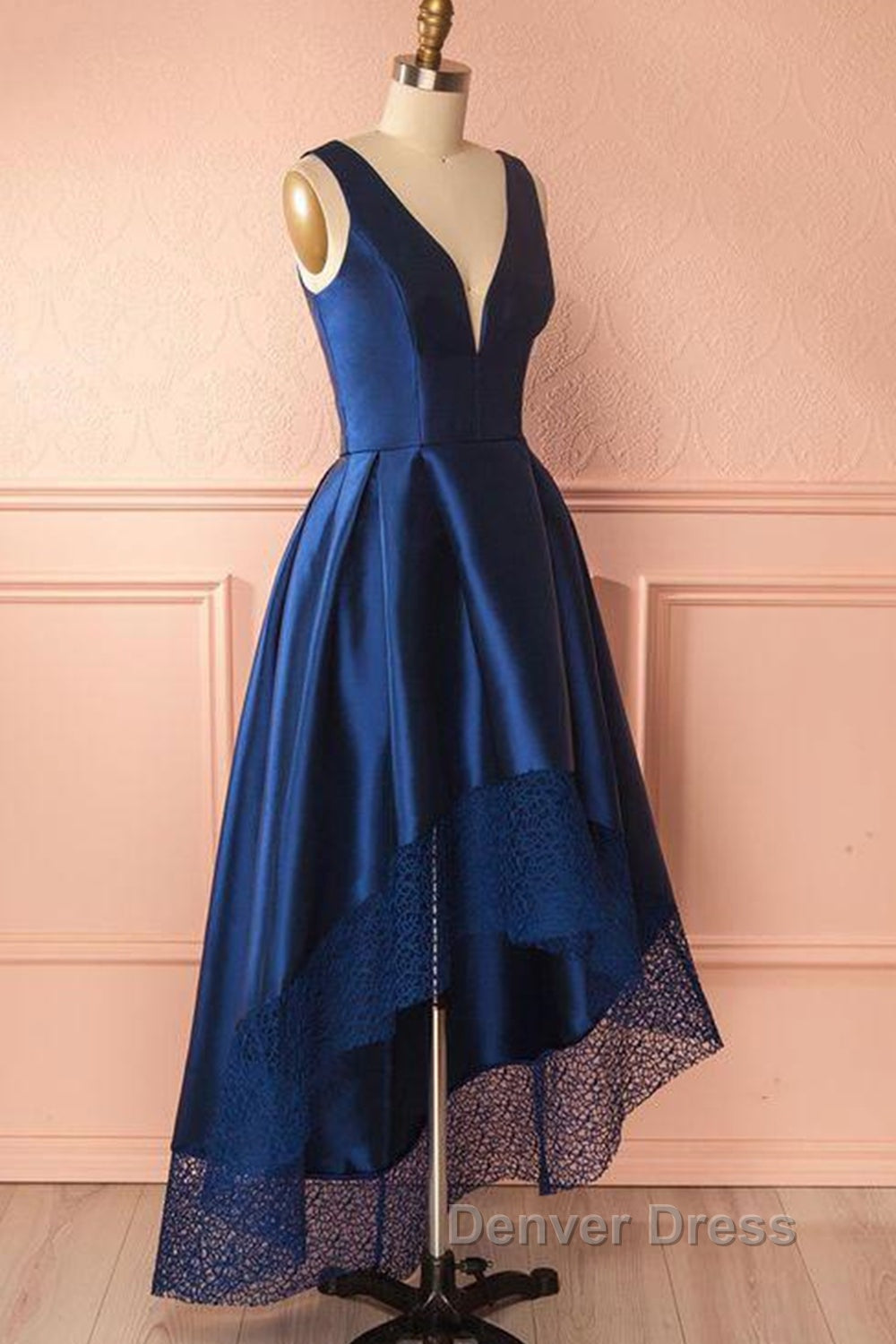 High Low V Neck Blue Satin Prom Dress, Open Back Blue Prom Dress, Blue Prom Dresses
