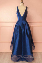 High Low V Neck Blue Satin Prom Dress, Open Back Blue Prom Dress, Blue Prom Dresses