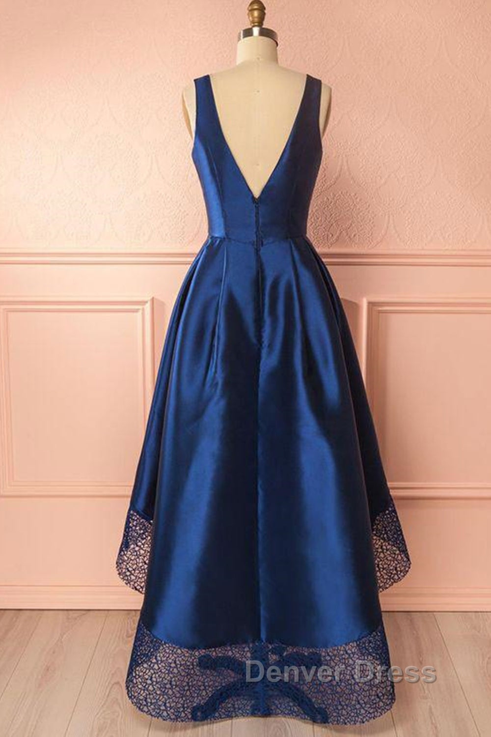 High Low V Neck Blue Satin Prom Dress, Open Back Blue Prom Dress, Blue Prom Dresses
