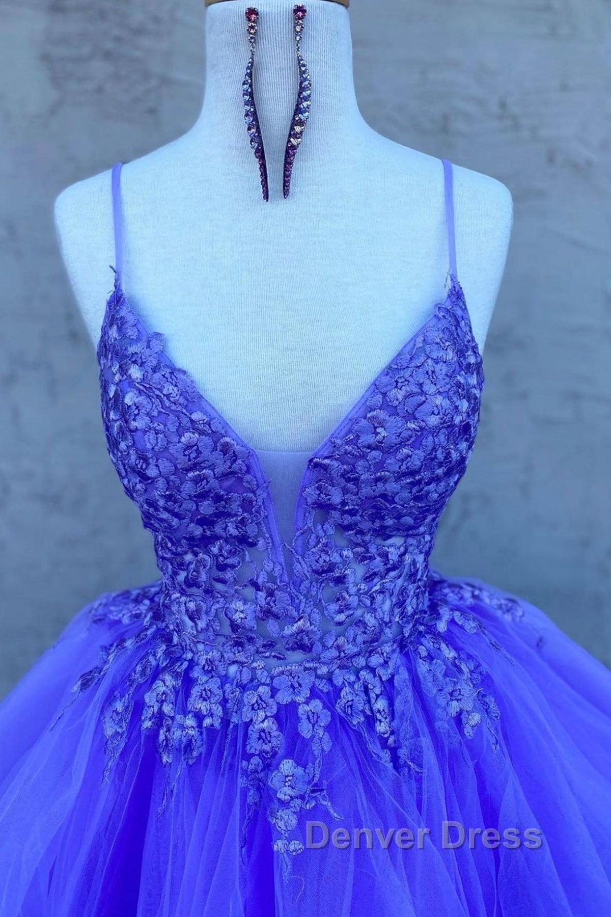 High Low V Neck Purple Lace Long Prom Dress, Lilac Lace Prom Dress, Purple Prom Dresses Secondary image