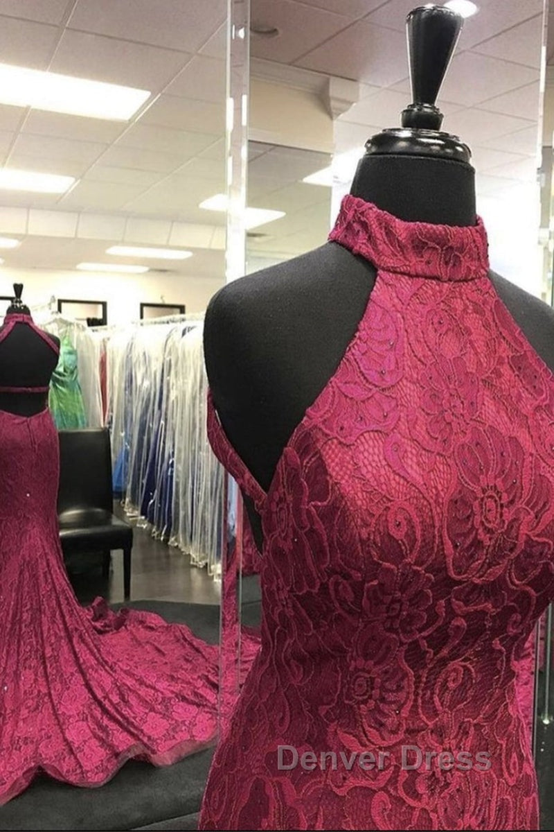 High Neck Backless Burgundy Lace long Prom Dress, Long Burgundy Lace Prom Dresses, Burgundy Ball Gowns Secondary image