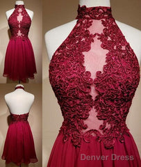 High Neck Backless Burgundy Lace Short Prom Dress
