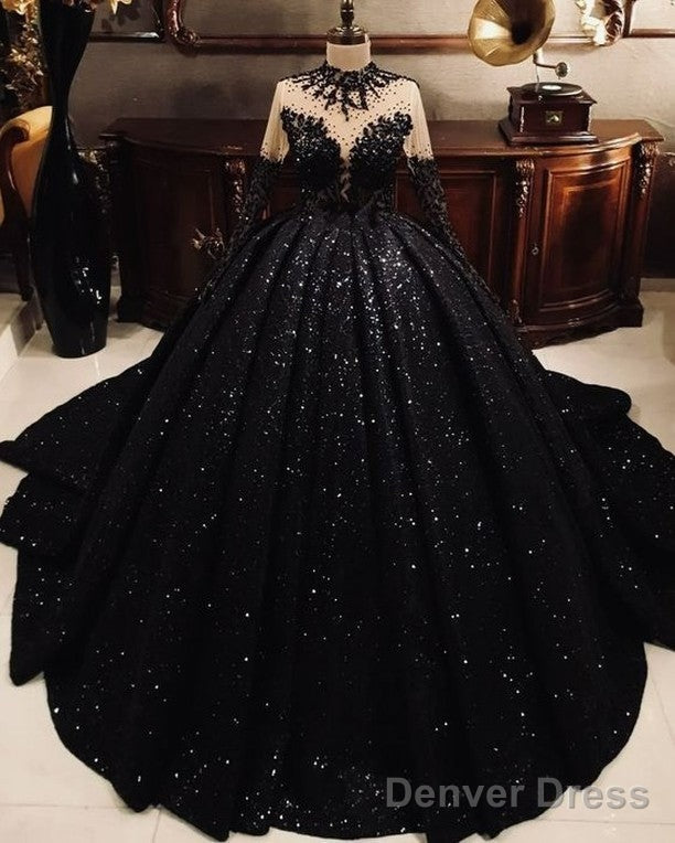 High Neck Ball Gown Black Sequin Wedding Dresses Long Sleeves Sweet 16 Dress Secondary image