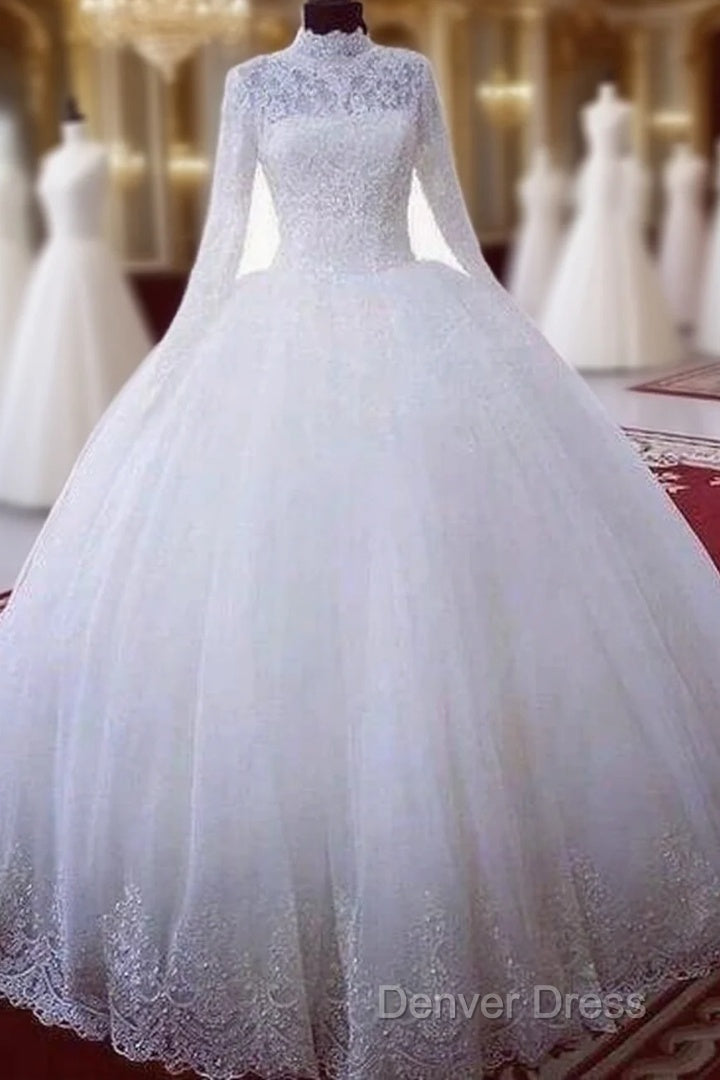 High Neck Ball Gown Muslim Wedding Dresses Lace Applique Long Sleeves Bridal Wear