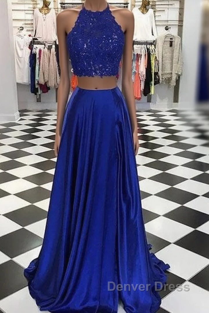 High Neck Blue Two Pieces Long Prom Dresses