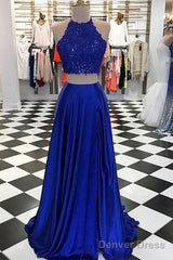 High Neck Blue Two Pieces Long Prom Dress