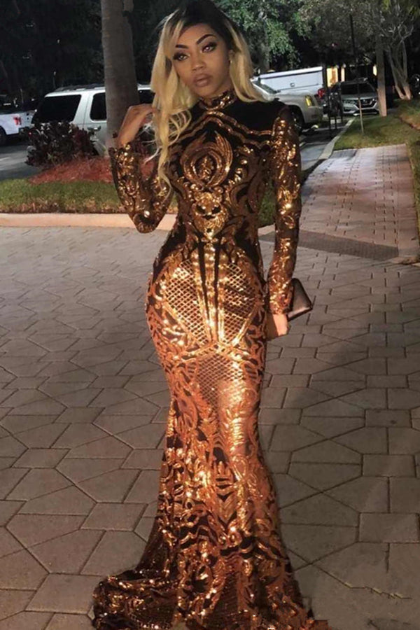 High Neck Golden Appliques Mermaid Long Sleevess Prom Dresses Secondary image