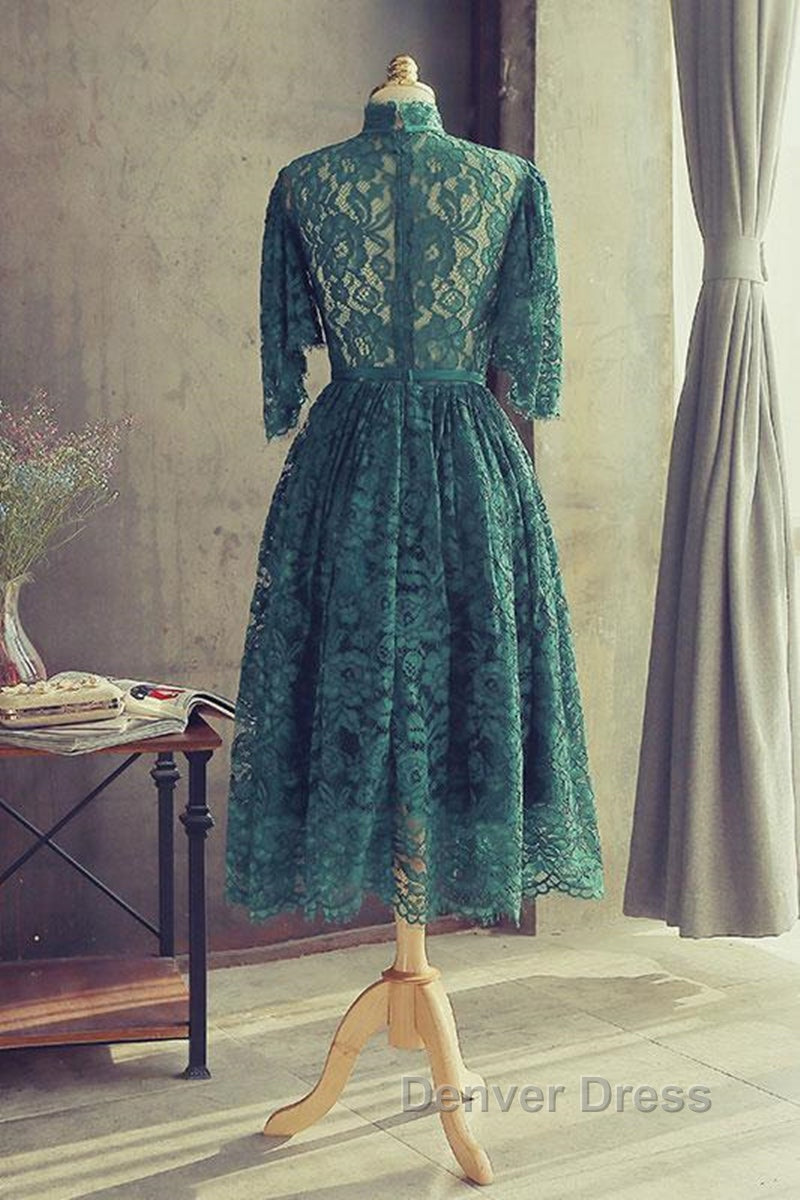 High Neck Half Sleeves Green Lace Prom Dress, Green Lace Prom Graduation Homecoming Dresses