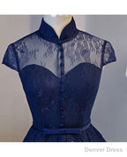 High Neck Homecoming Dress, Lace Dark Navy Lace-up Short Prom Dress
