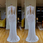 High Neck Keyhole Long Sleeve Sequin White Prom Dresses
