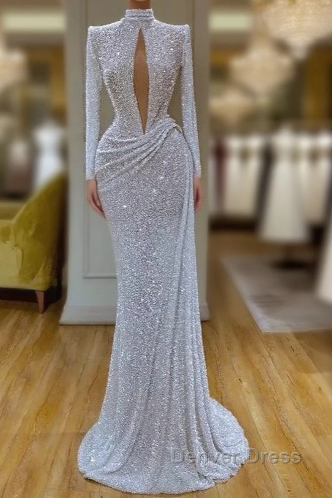 High Neck Keyhole Long Sleeve Sequin White Prom Dresses Main image