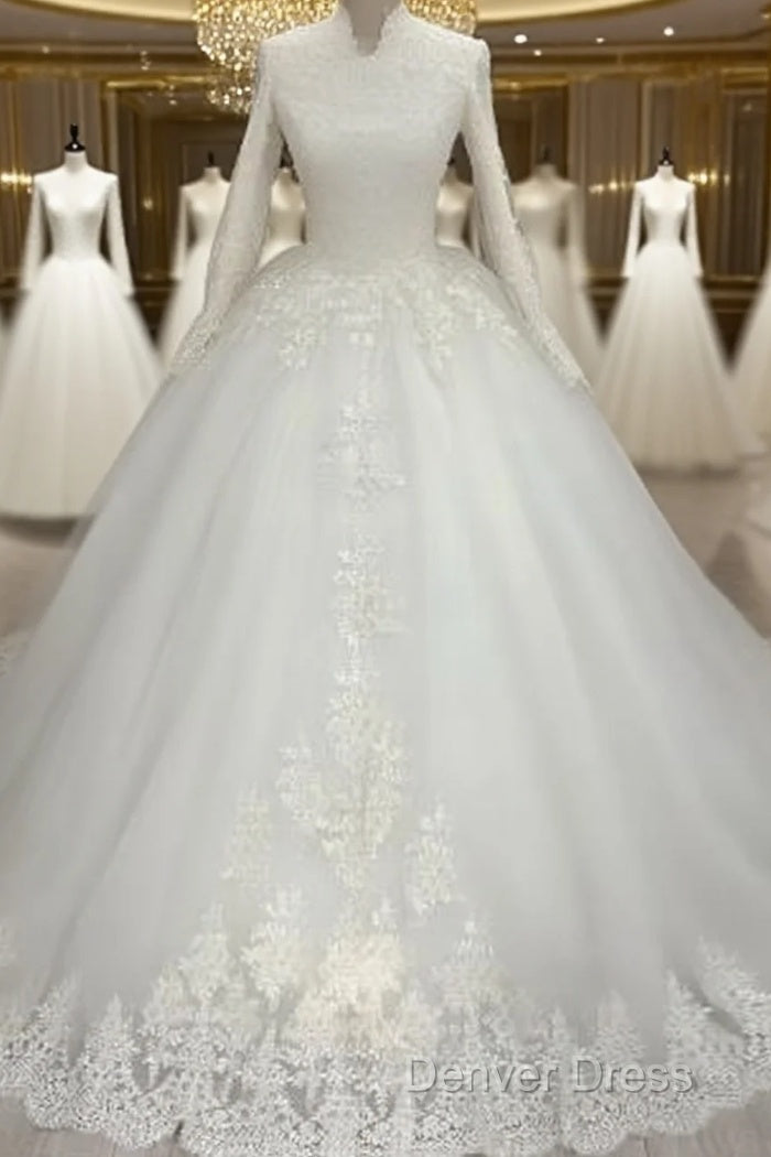 High Neck Lace Long Sleeves Muslim Wedding Dresses For Women Vestido De Noiva Main image