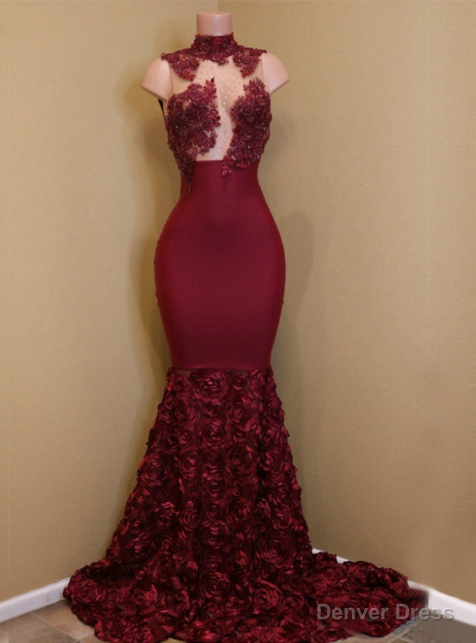 High Neck Lace Mermaid Flowers Burgundy Party Prom Dress Main image