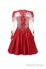 High Neck Long Sleeves With Applique Red Homecoming Dresses