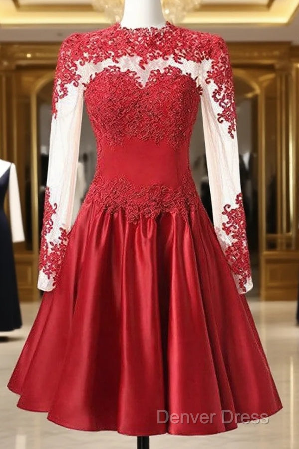 High Neck Long Sleeves With Applique Red Homecoming Dresses Main image