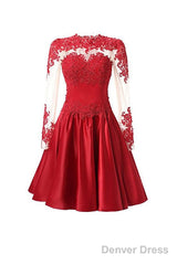 High Neck Long Sleeves With Applique Red Homecoming Dresses