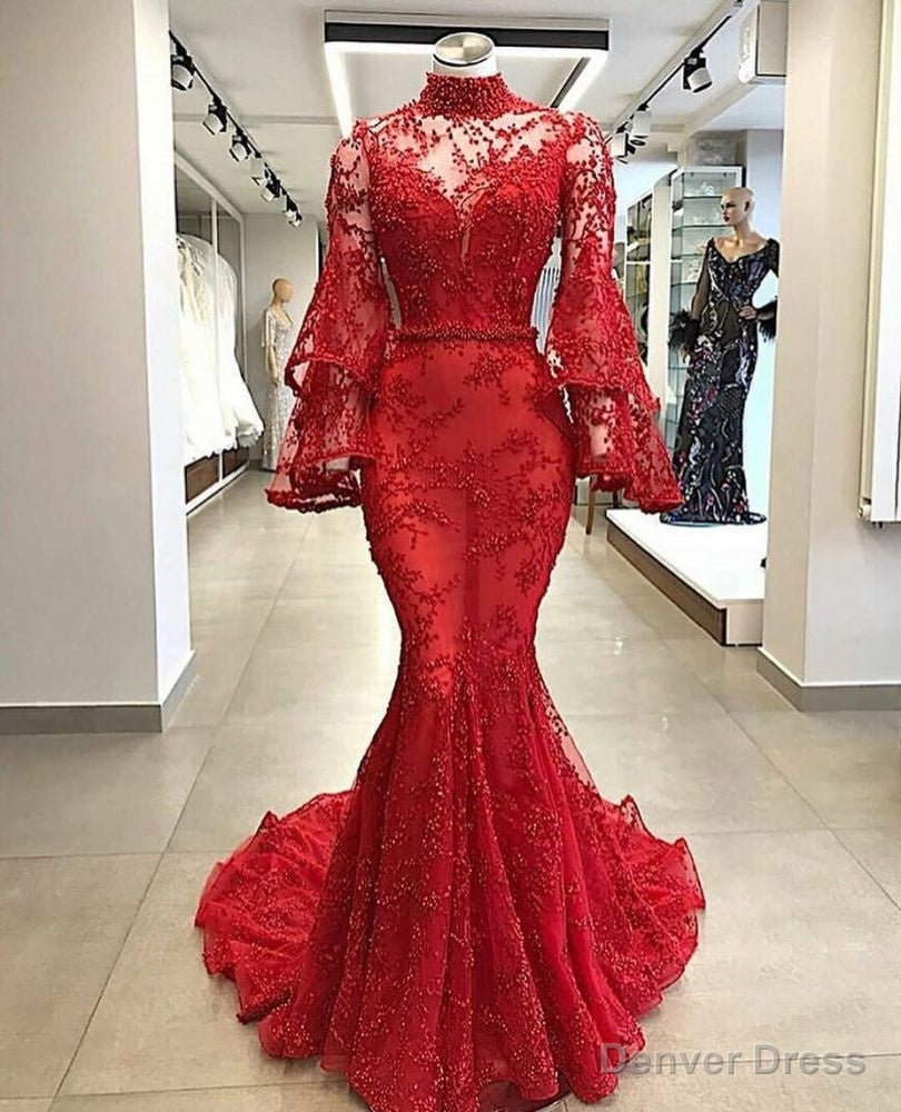 High Neck Long Sleevess Mermaid Beading Applique Chapel Train Prom Gown Secondary image