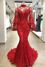 High Neck Long Sleevess Mermaid Beading Applique Chapel Train Prom Gown