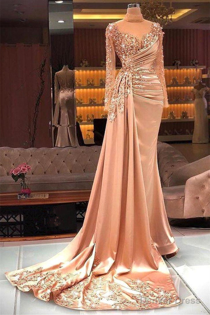 High Neck Mermaid Long Sleeves Lace Sequined Floor Length Long Sleeve With Side Train Prom Dresses Main image