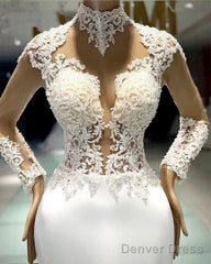 High Neck Mermaid Satin Long Sleeves Lace Wedding Dresses