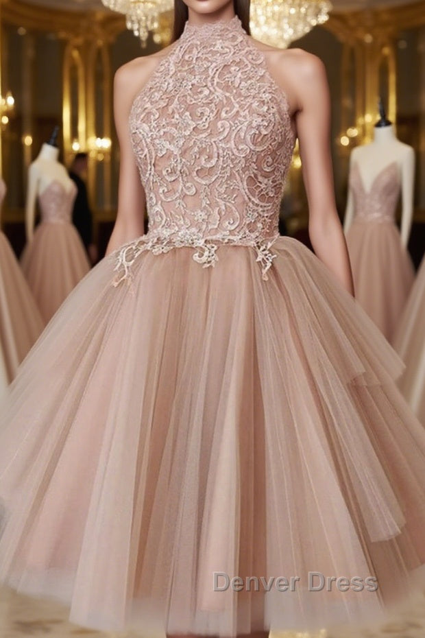 High Neck Open Back Short Champagne Lace Prom Dress, Backless Champagne Lace Prom Graduation Dress, Champagne Lace Homecoming Dresses Main image