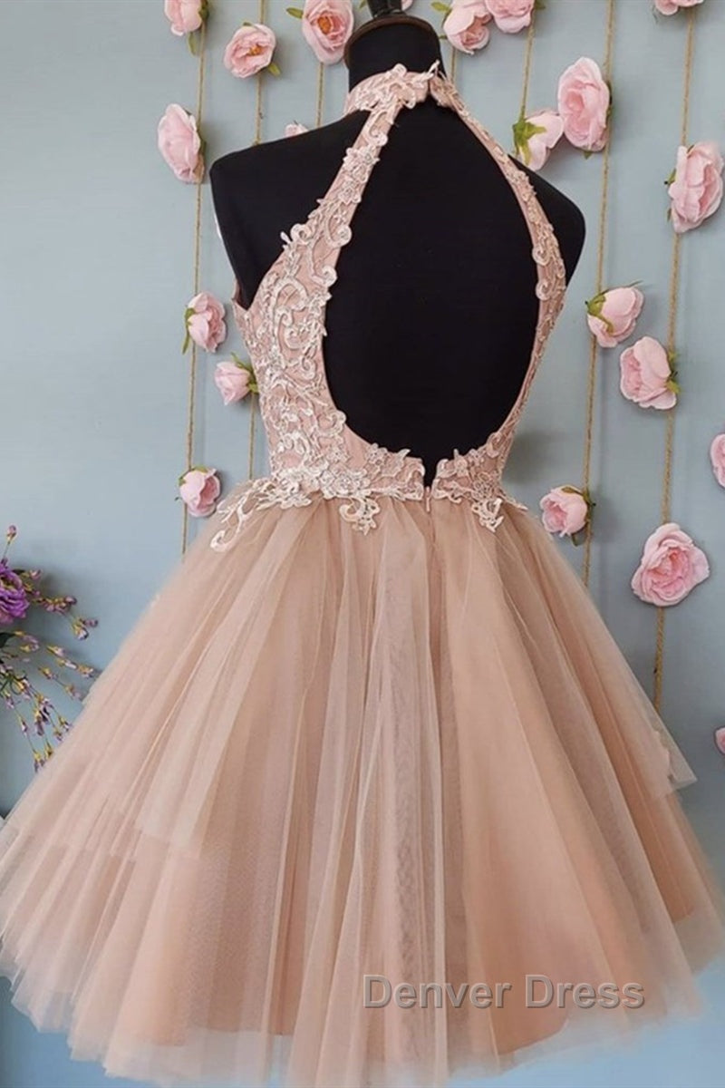 High Neck Open Back Short Champagne Lace Prom Dress, Backless Champagne Lace Prom Graduation Dress, Champagne Lace Homecoming Dresses Secondary image