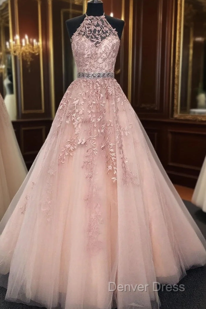 High Neck Pink Lace Prom Dresses, Pink Lace Formal Evening Graduation Dresses Main image