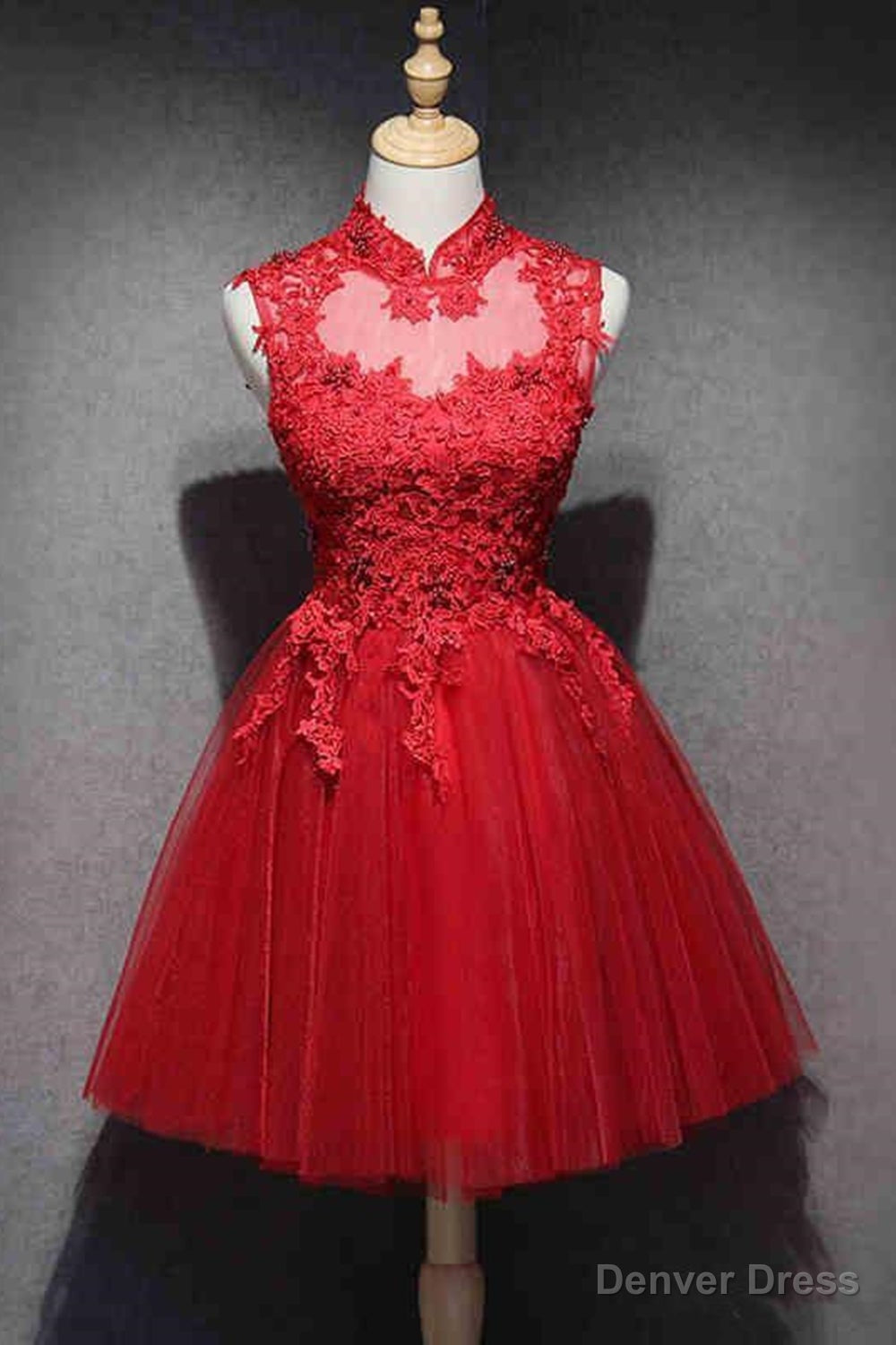 High Neck Red Lace Short Prom Dress,Homecoming Dresses,Red Formal Graduation Evening Dress Main image