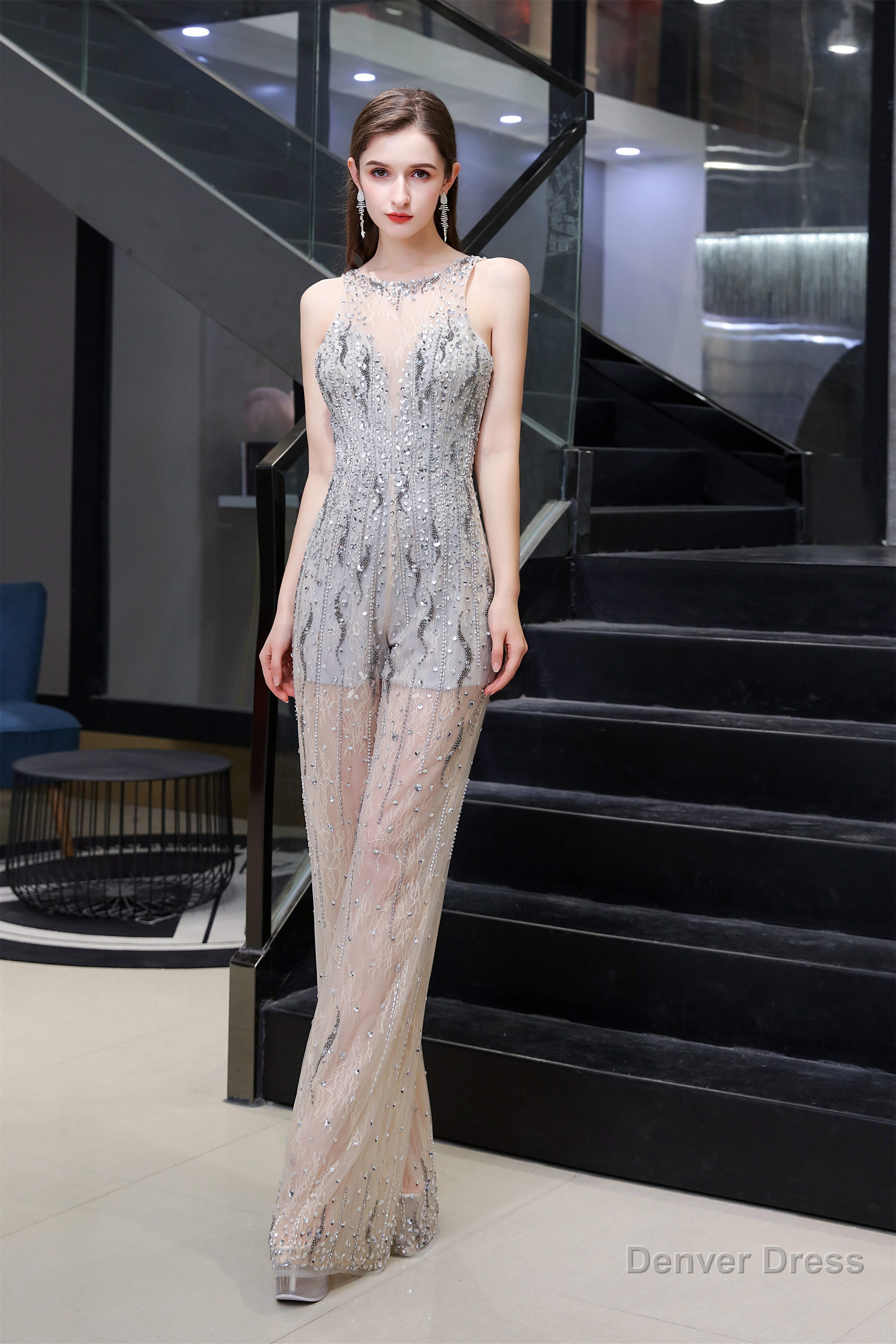 High Neck See through Jumpsuit Sleeveless Prom Wear