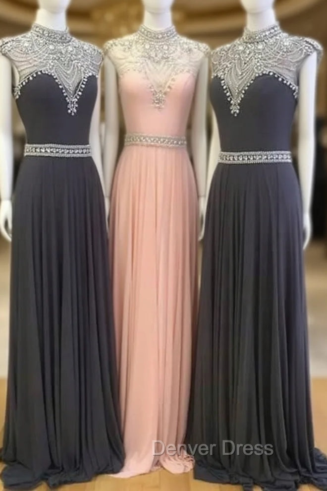High Neck Sequin Bead Chiffon Long Prom Dresses, Evening Dresses Main image