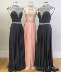 High Neck Sequin Bead Chiffon Long Prom Dress, Evening Dress