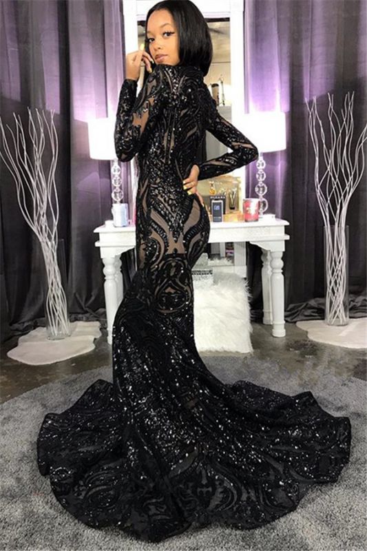 High Neck Shiny Appliques Black Girl Prom Dresses | Mermaid Long Sleeve Prom Gown Secondary image