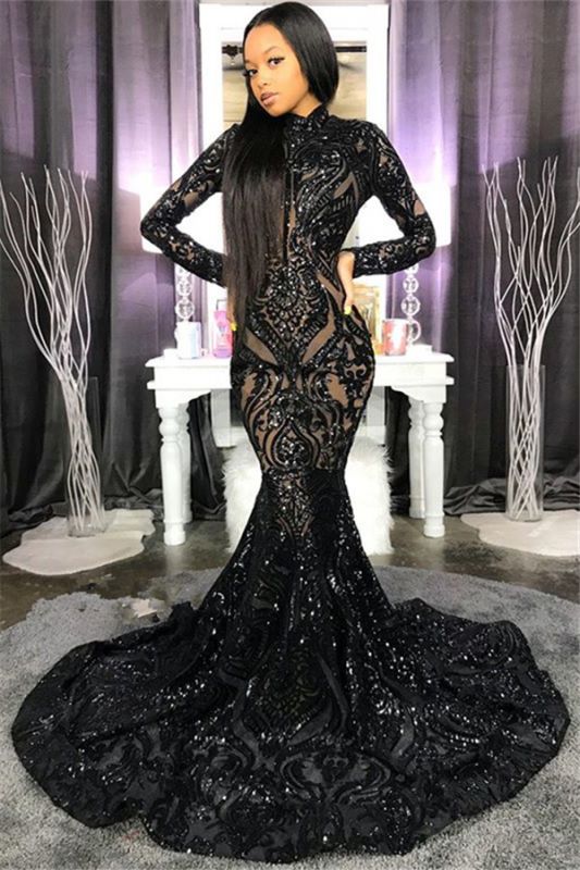 High Neck Shiny Appliques Black Girl Prom Dresses | Mermaid Long Sleeve Prom Gown Main image