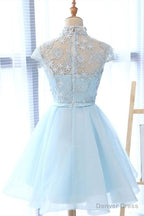 High Neck Short Blue Lace Prom Dress, Short Blue Lace Graduation Homecoming Dresses