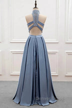 High Neck Two Pieces Blue Lace Long Prom Dress, 2 Pieces Blue Lace Prom Dress, Blue Prom Dresses