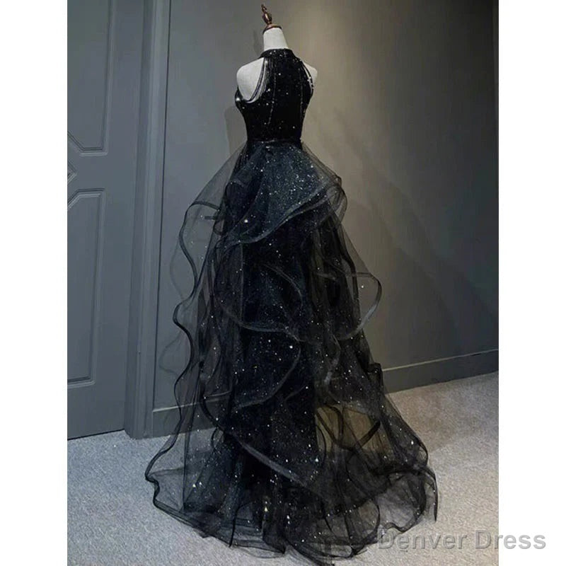 High Neckline Black Halter Shiny Tulle And Sequins Party Dress Black Tulle Prom Dress prom dresses shops Secondary image